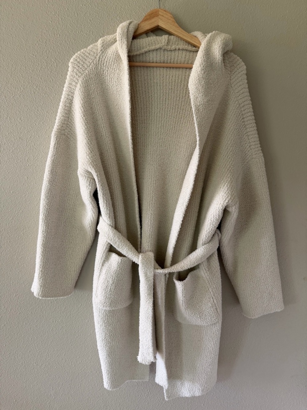 ComfyLuxe Cream Cozy Hooded Knit Belted Cardigan Sweater Robe Ultra Soft OS